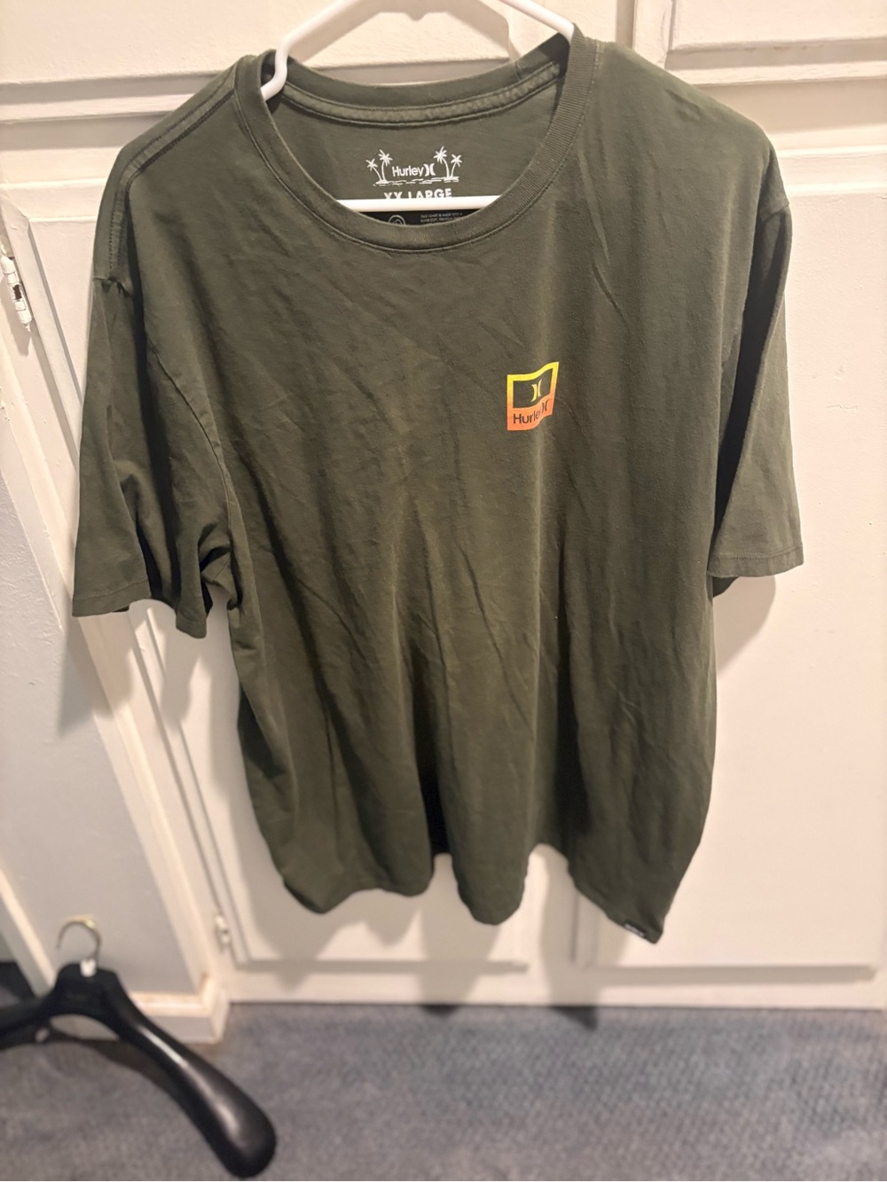 Hurley Olive Green Short Sleeve Tee with Small Yellow-Orange Logo